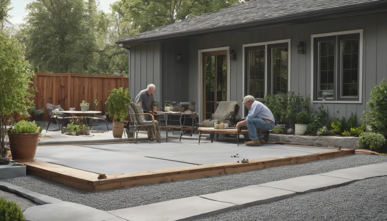A newly poured concrete patio behind a older frame house in the Scandia area